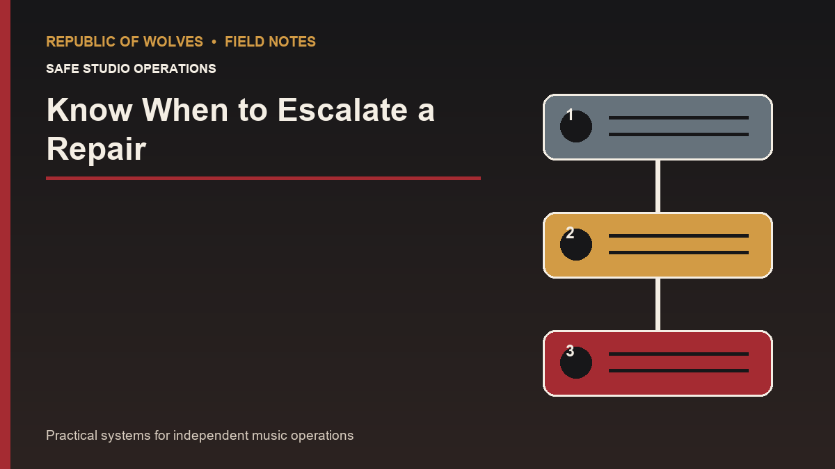 Three-step studio equipment repair escalation path
